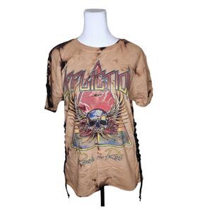 Affliction Tie Dye Lace Up Skull Rock TShirt Womens Size M Brown NEW